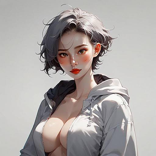 Stylized Anime Woman with Short Silver Hair in White Hoodie Artwork