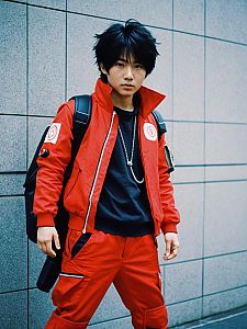 Realistic Akira Yuki Cosplay Costume on Man in Red Jacket and Pants