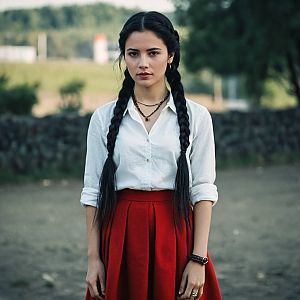 Young Woman in White Shirt and Red Skirt