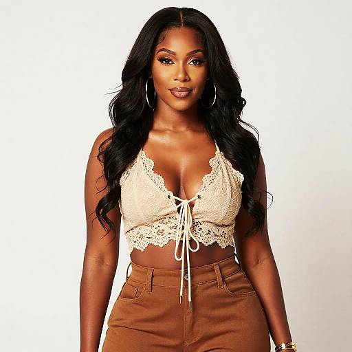 Stylish Woman in Beige Lace Crop Top and Brown Pants