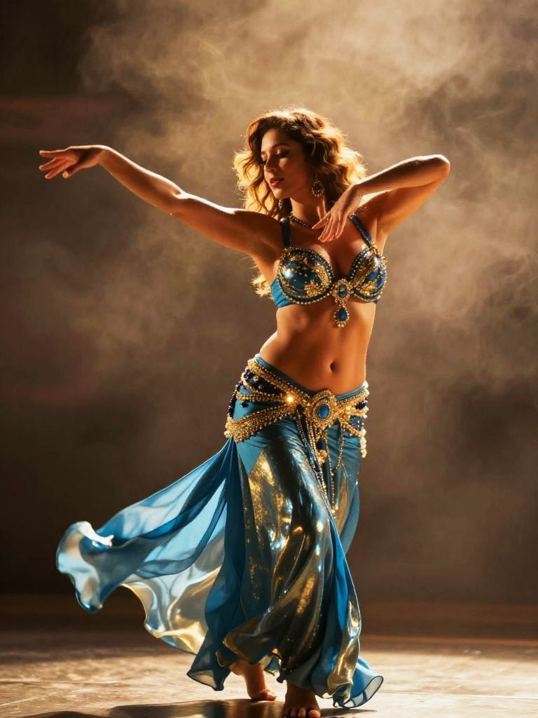 Graceful Belly Dance Performance in Blue and Gold Costume