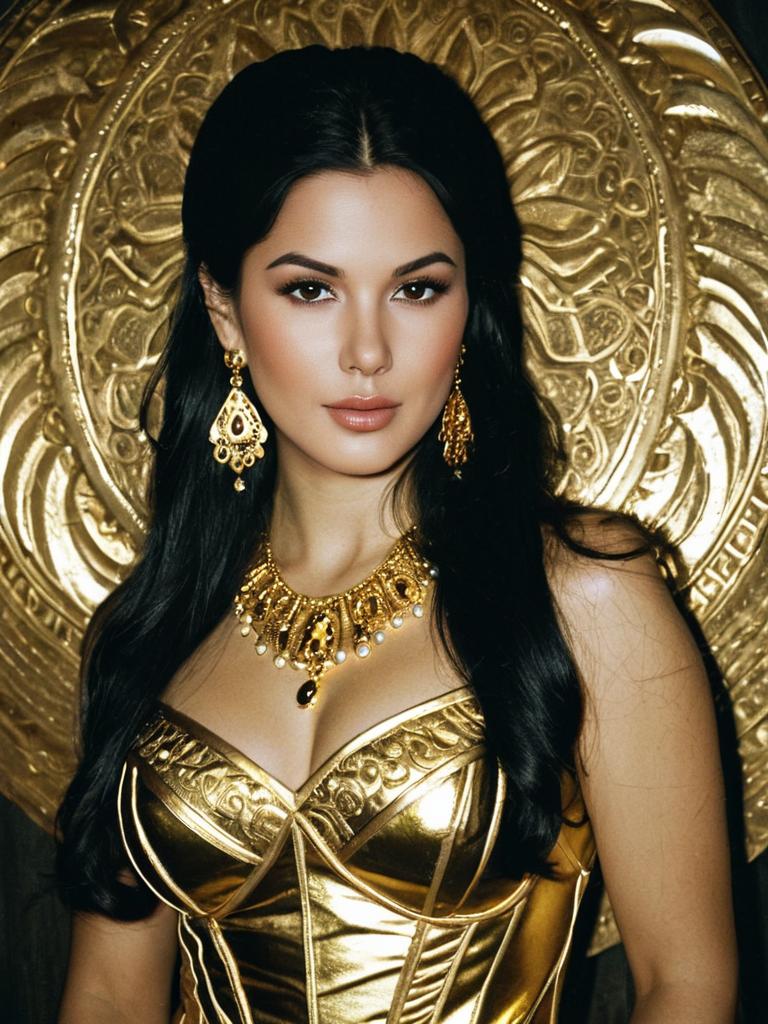 Elegant Woman in Gold Goddess Costume with Jewelry and Black Hair