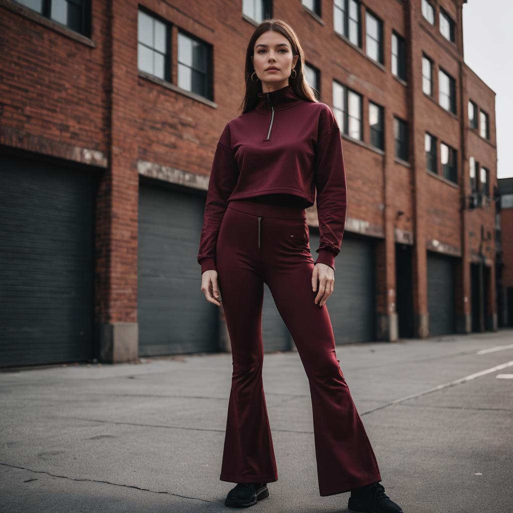 Woman Wearing Burgundy Athleisure Outfit in Urban Setting