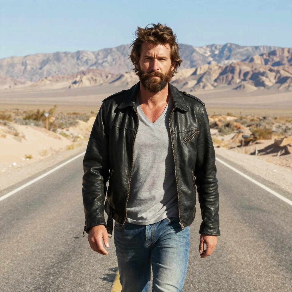 Bearded Man Walking on Desert Road in Leather Jacket