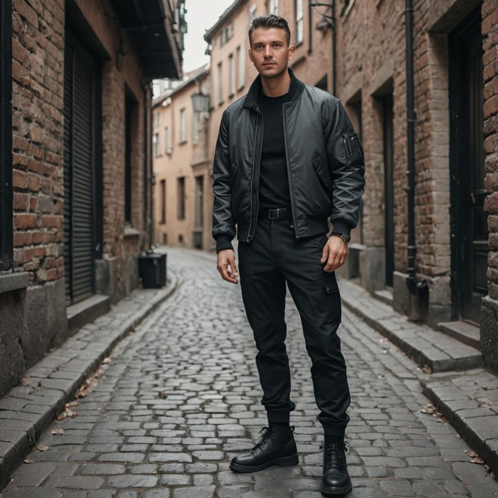 Confident Man in Stylish Black Attire in Alleyway