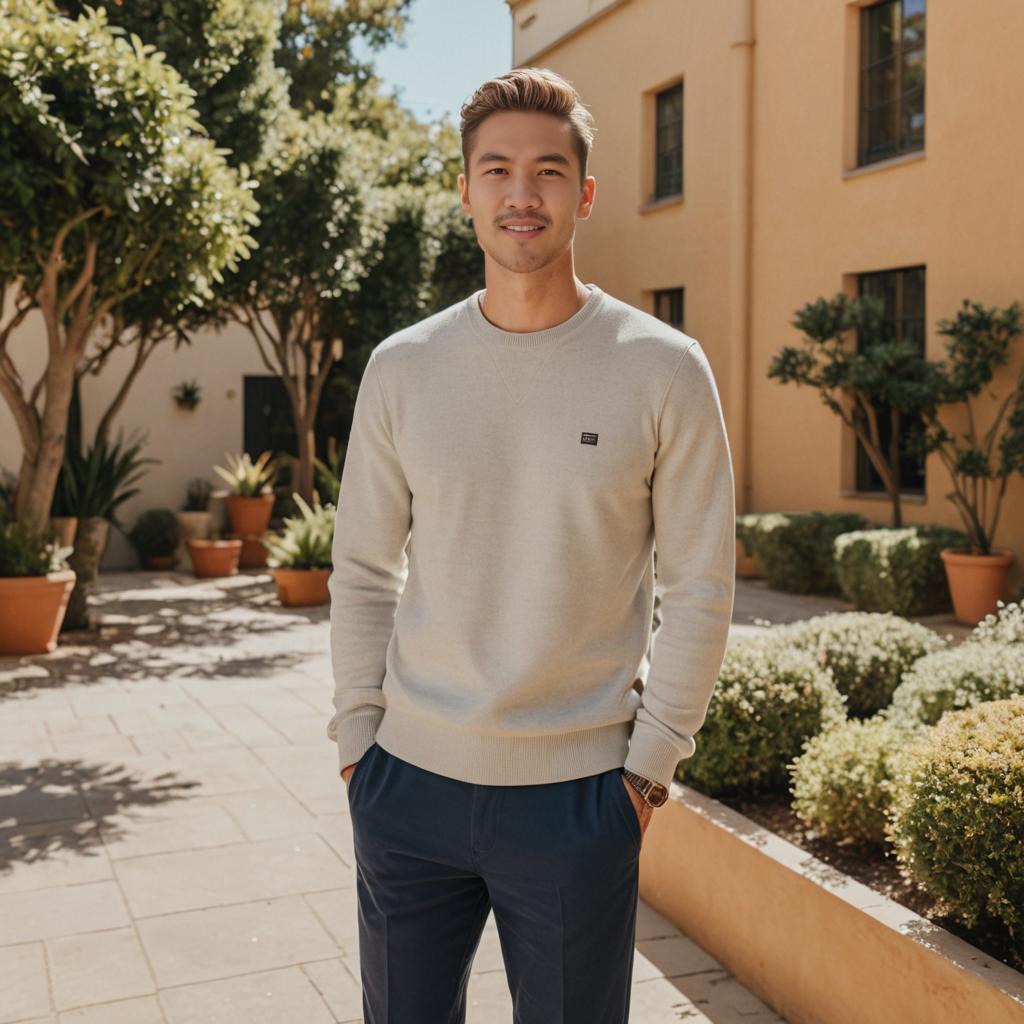 Stylish Man in Sunny Courtyard with Potted Plants