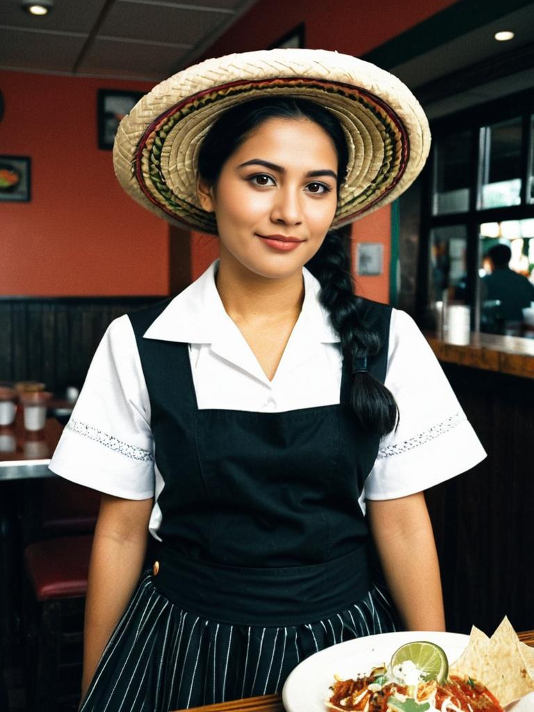 Mexican Waitress in Traditional Costume Serving Mexican Food