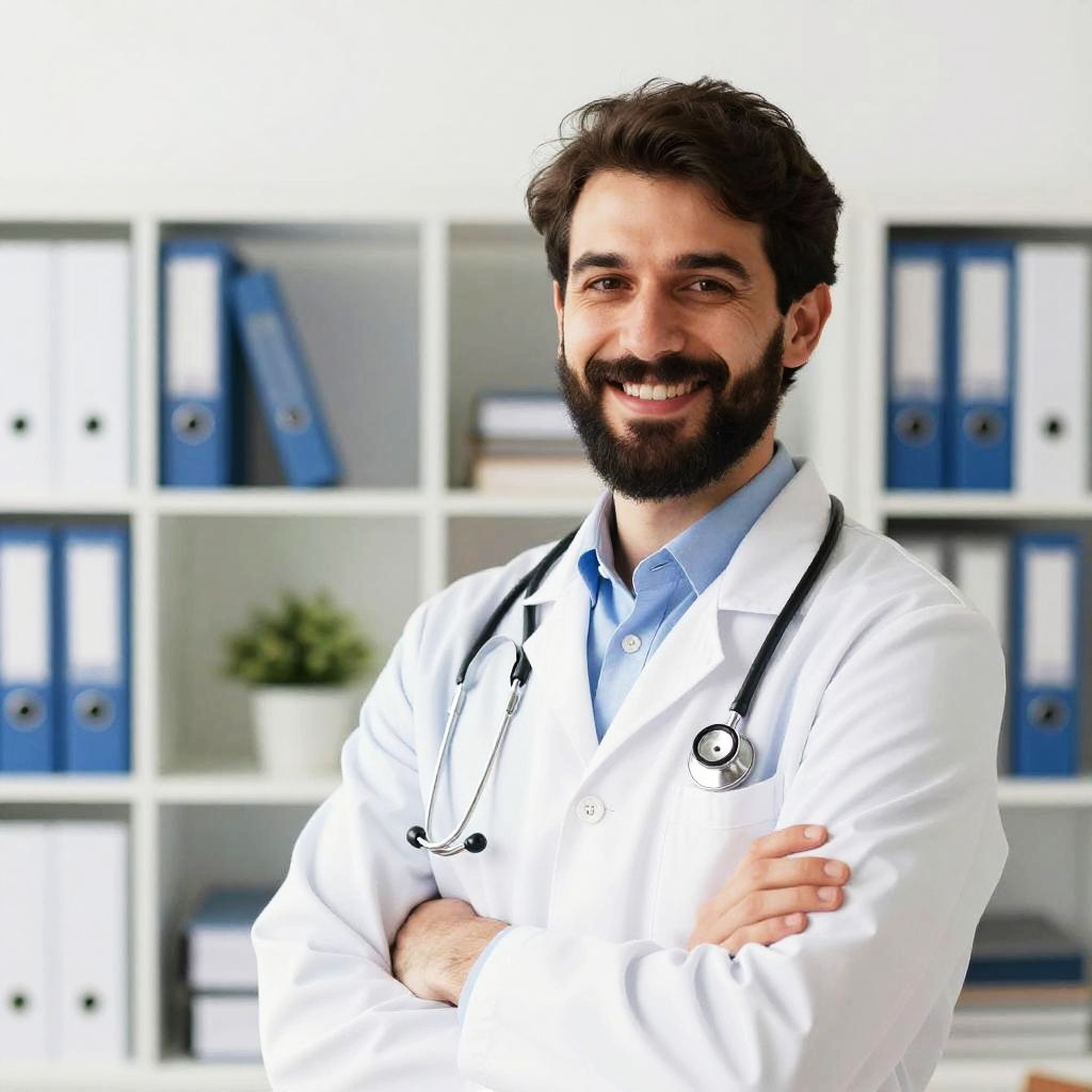 Smiling Male Doctor in White Lab Coat with Stethoscope