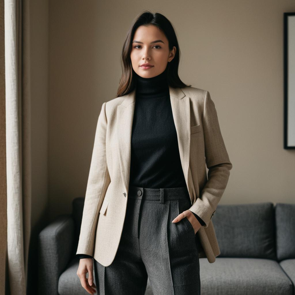 Stylish Professional Woman in Beige Blazer and Black Turtleneck Indoors