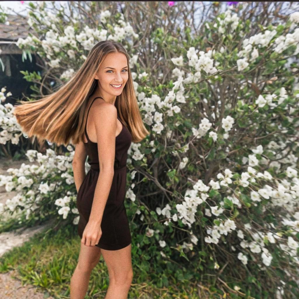 Joyful Woman in Brown Dress Among White Flowers Joyful Woman in Brown Dress Among White Flowers