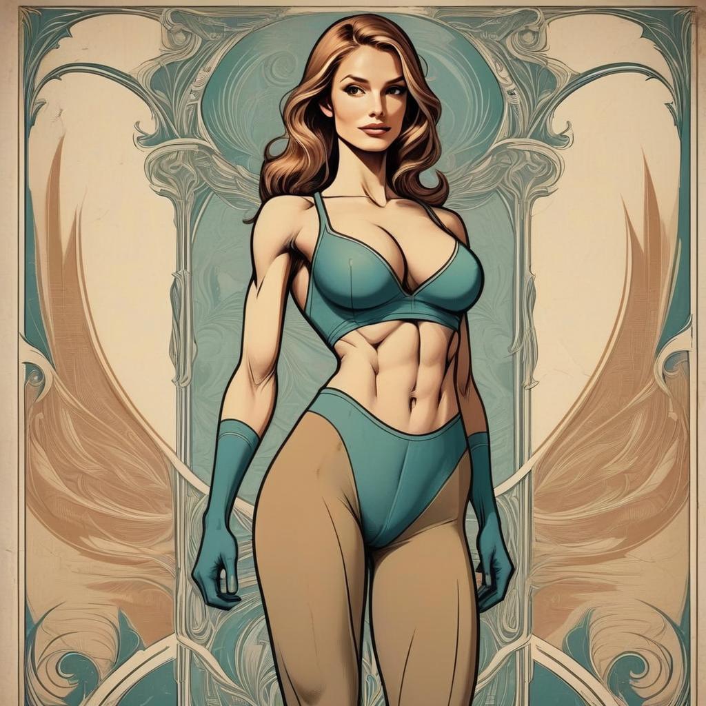 Confident Woman in Teal Outfit with Art Nouveau Background
