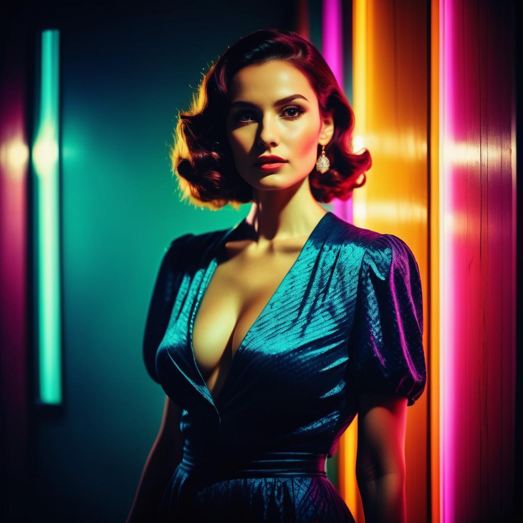 Glamorous Woman in Teal Dress with Neon Lights
