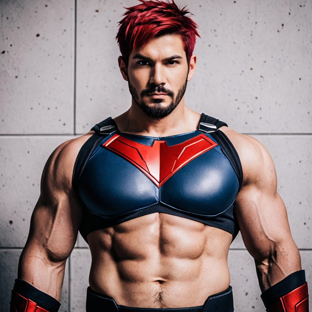 Muscular Man in Futuristic Superhero Costume with Red Hair