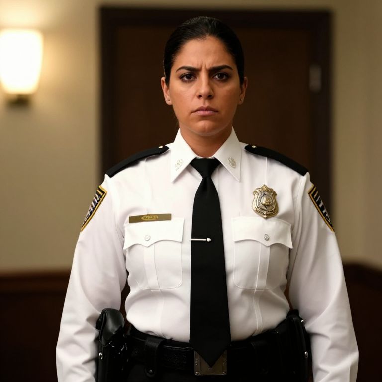 Confident Woman Police Officer in White Uniform with Black Tie