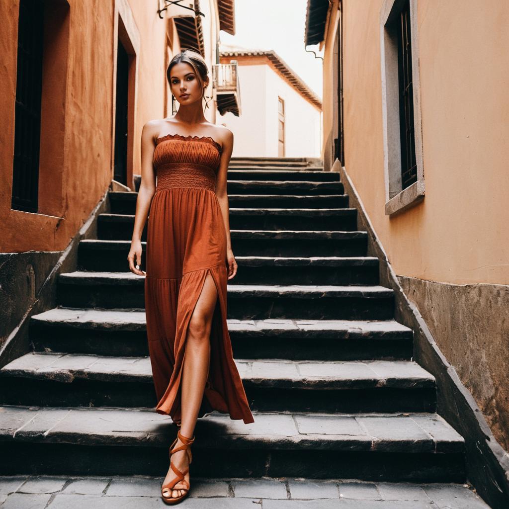 Elegant Woman in Rust Strapless Dress Walking Down Stone Steps in Alley