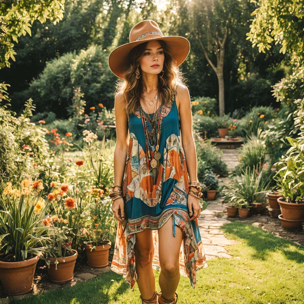 Stylish Woman in Colorful Sundress in Vibrant Garden