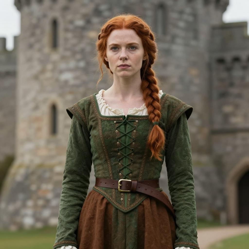 Red-Haired Woman in Medieval Costume Standing by Stone Castle