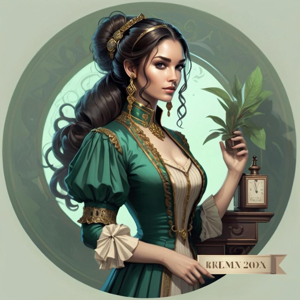 Elegant Woman in Vintage Green Gown with Gold Detailing