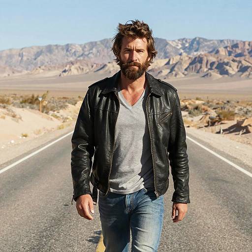 Bearded Man Walking on Desert Road in Leather Jacket