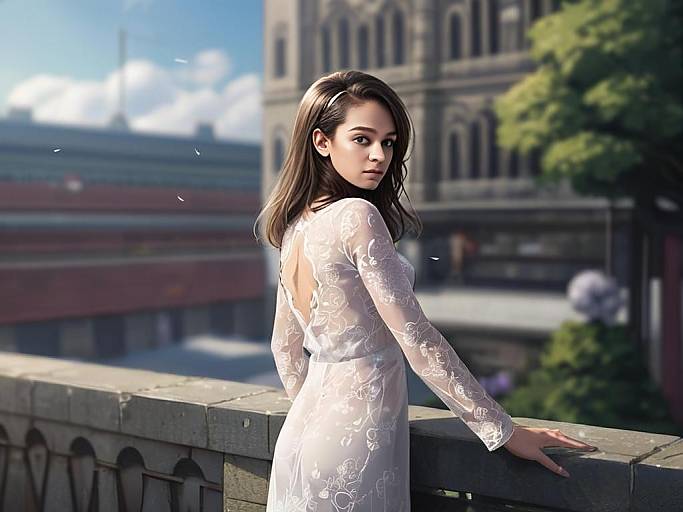 Young Woman in Sheer White Embroidered Dress on Urban Balcony
