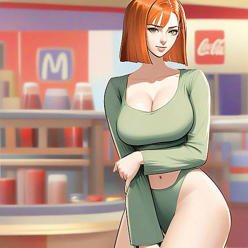 Stylish Anime Woman with Red Hair in Green Outfit at Fast-Food Background