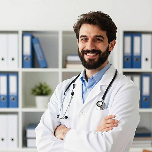 Smiling Male Doctor in White Lab Coat with Stethoscope