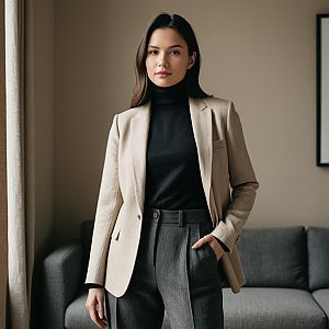 Stylish Professional Woman in Beige Blazer and Black Turtleneck Indoors