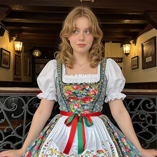 Young Woman in Traditional Floral Dirndl Dress Indoors