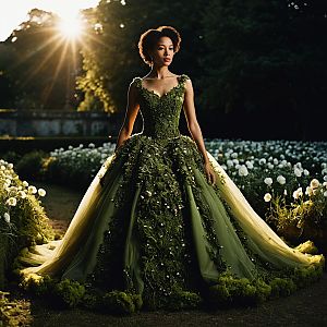 Woman in Olive Green Ball Gown in Lush Garden