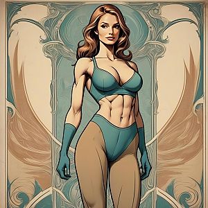 Confident Woman in Teal Outfit with Art Nouveau Background