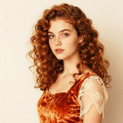 Portrait of Woman with Red Curly Hair in Vintage Velvet Dress