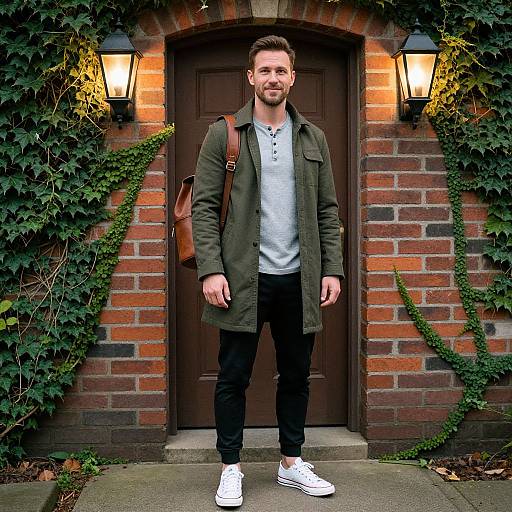 Stylish Man in Olive Green Coat Standing by Brick Doorway with Ivy