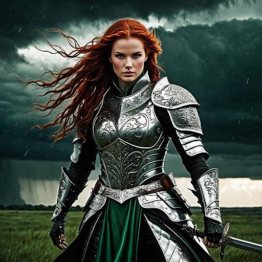 Female Warrior in Ornate Medieval Armor with Sword under Stormy Sky