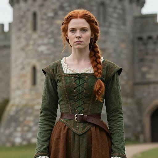 Red-Haired Woman in Medieval Costume Standing by Stone Castle