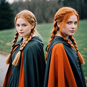 Two Women in Dark Cloaks Outdoors