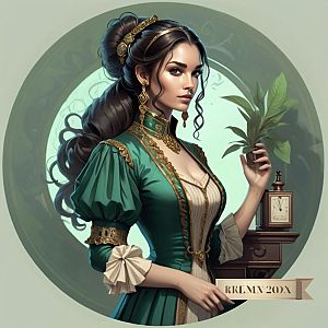 Elegant Woman in Vintage Green Gown with Gold Detailing
