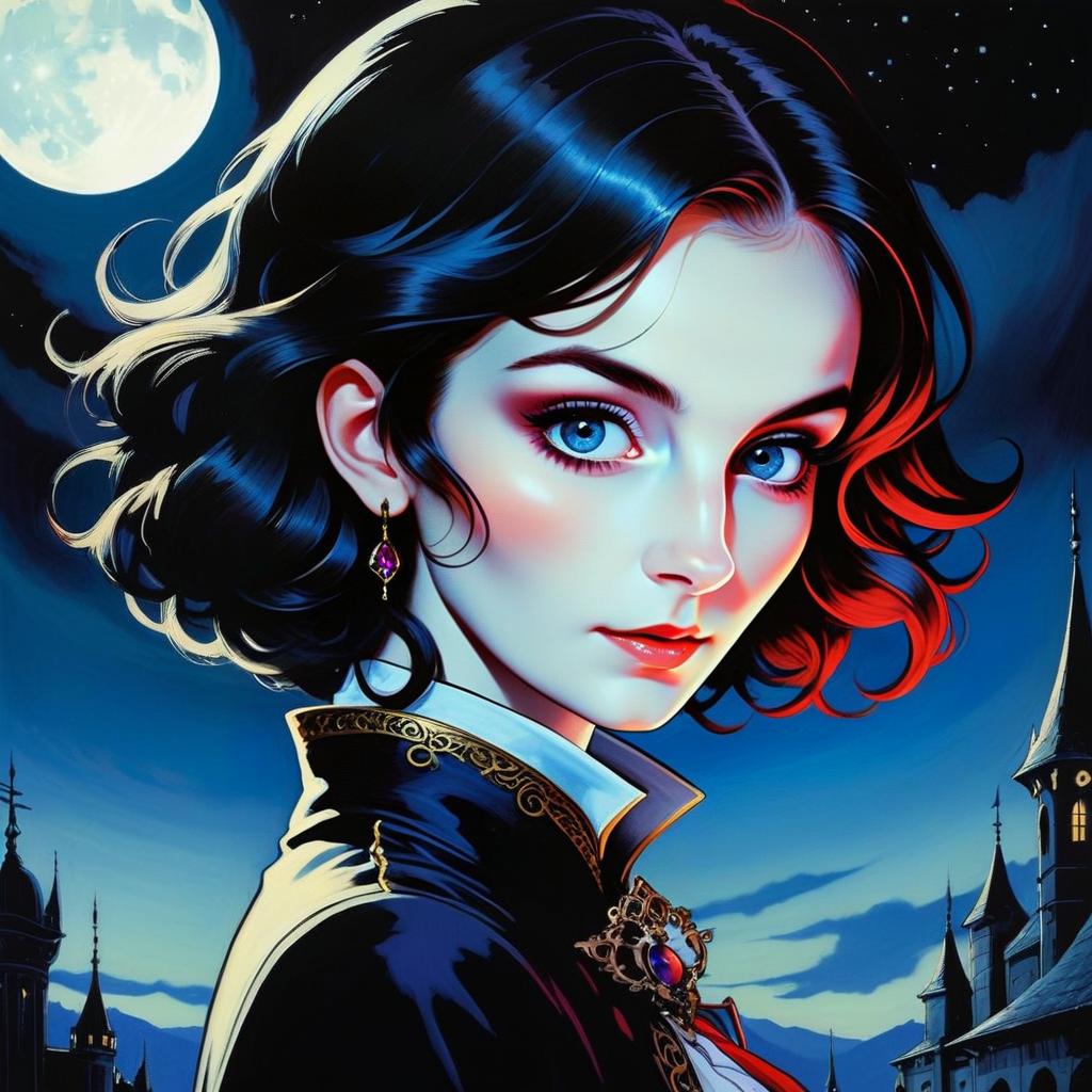Digital portrait of a woman with blue eyes and black hair in a gothic setting Digital portrait of a woman with blue eyes and black hair in a gothic setting
