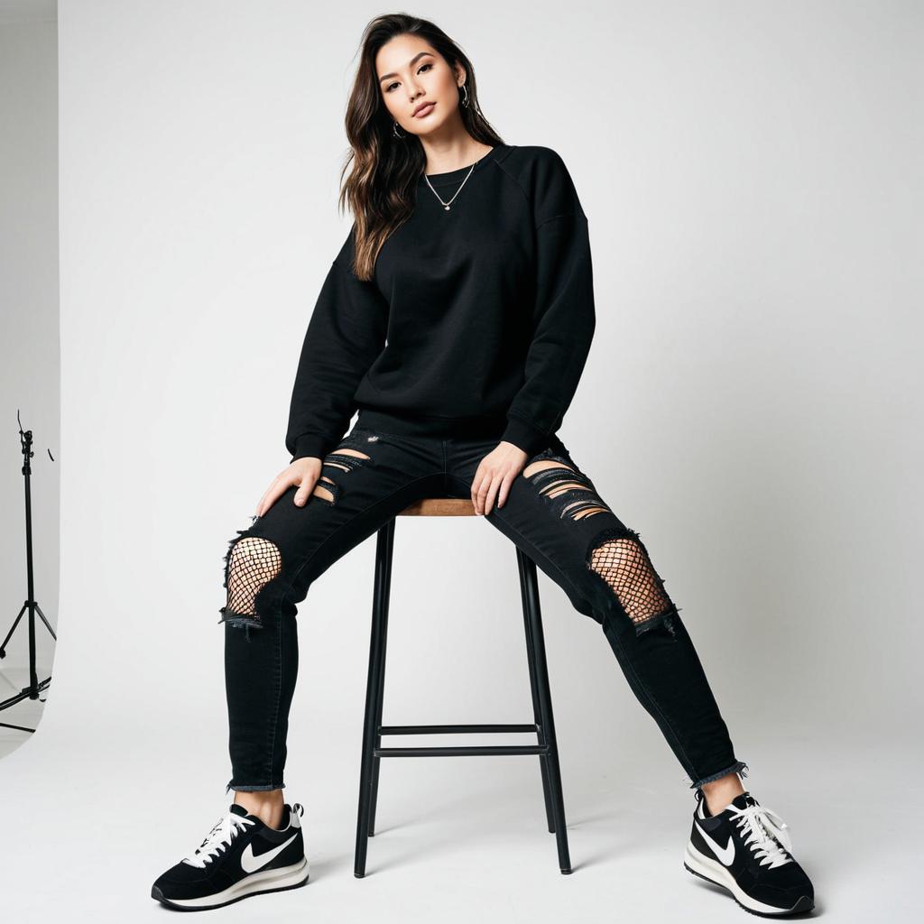 Edgy Urban Fashion Woman Sitting on Stool in Black Ripped Jeans and Sweatshirt