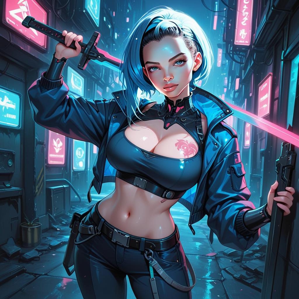 Cyberpunk Woman with Katana and Gun in Neon Urban Alley Illustration