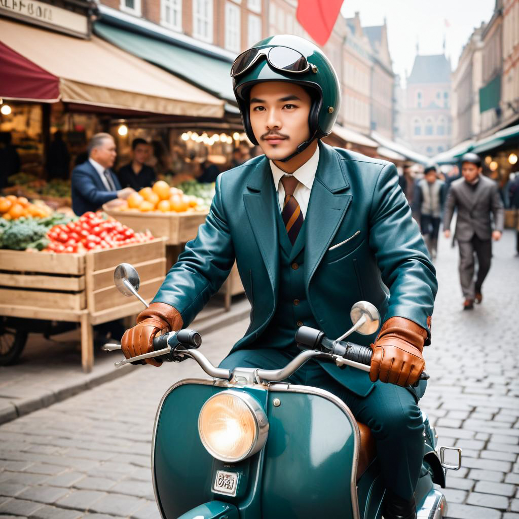 Stylish Man on Vintage Scooter in Marketplace