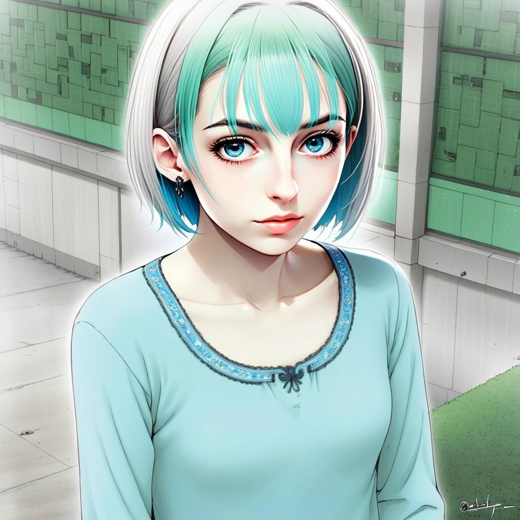 Anime Portrait of a Young Woman with Mint Green Hair and Blue Eyes