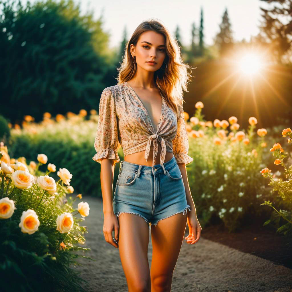 Woman in Floral Crop Top in Sunset Garden