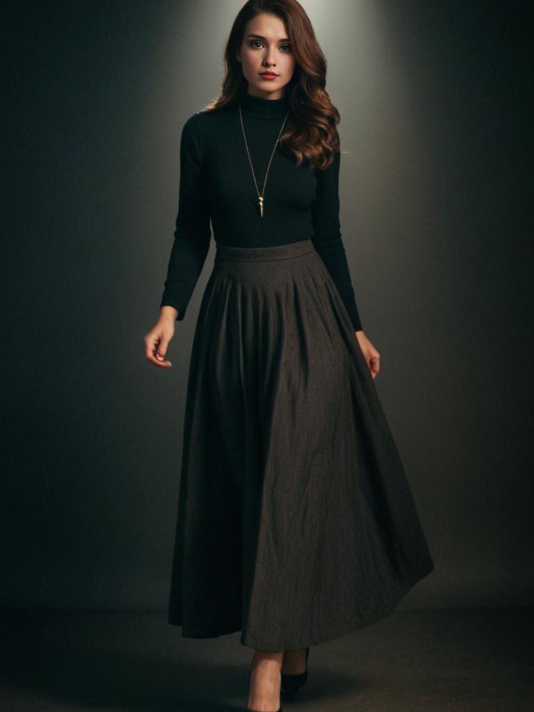 Woman in black turtleneck and grey skirt with vintage film style