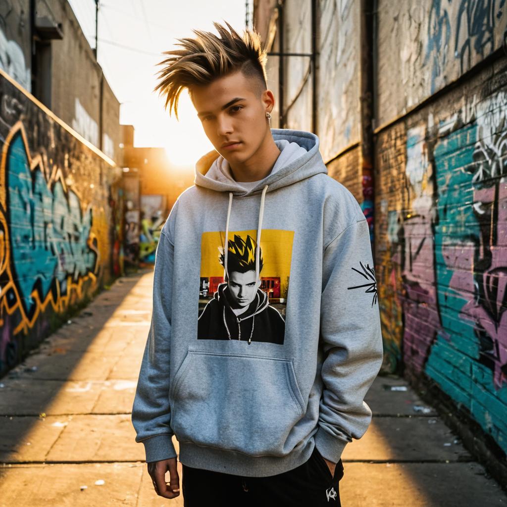 Young Man in Urban Alleyway Wearing Graphic Hoodie at Sunset