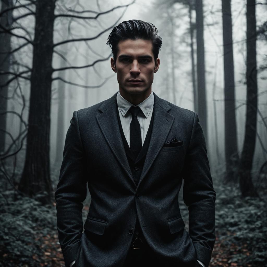 Confident Man in Charcoal Suit in Misty Forest