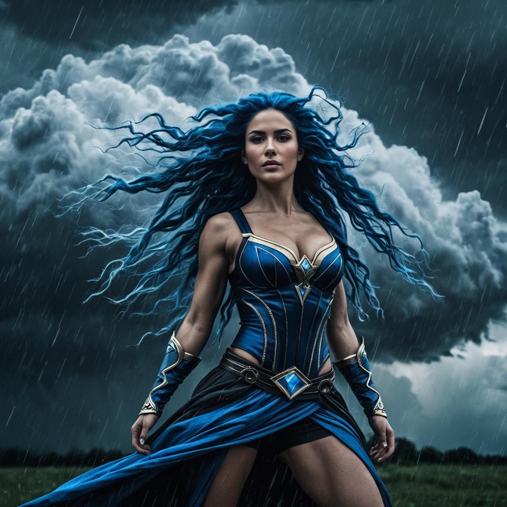 Powerful Woman Warrior in Blue Armor with Flowing Hair in Stormy Weather