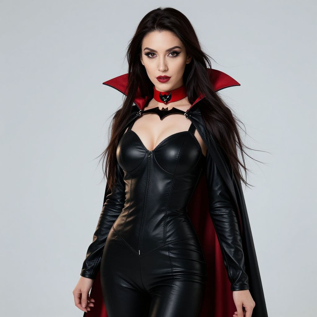 Woman in Black Leather Catsuit with Red Lined Cape and Gothic Style