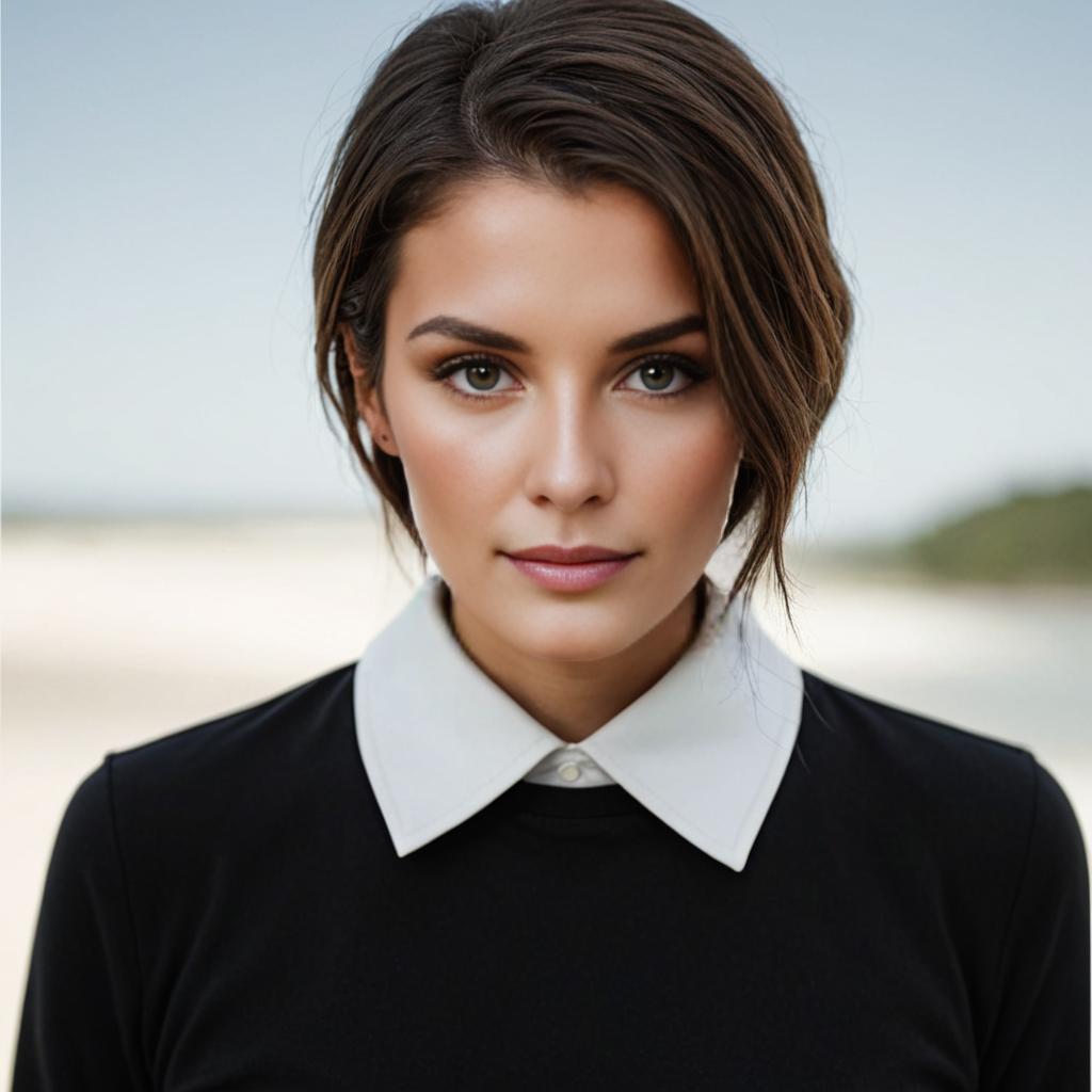 Woman in Black Dress with White Collar on Beach