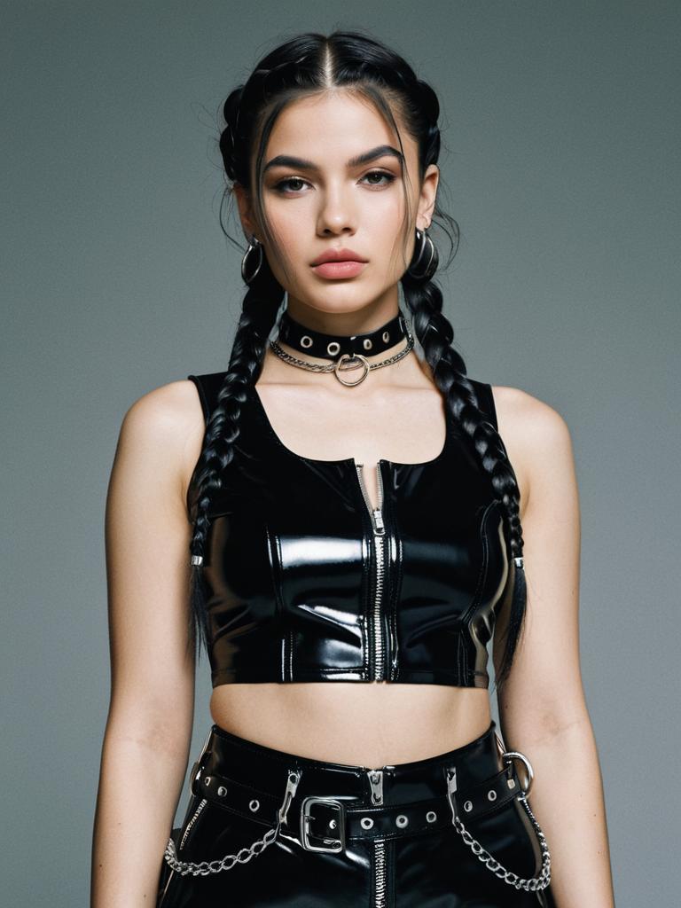Edgy Streetwear Woman in Black Glossy PVC Crop Top with Metal Zipper