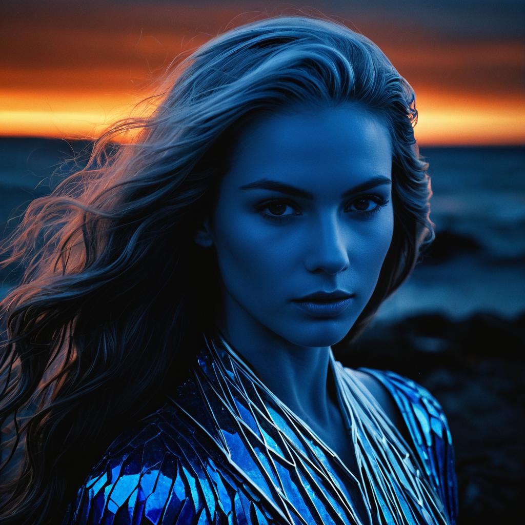 Blue Toned Woman Portrait at Sunset by Ocean